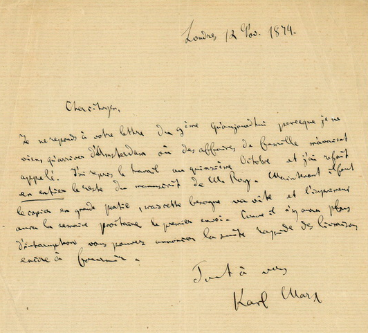 经典作家手稿发布——马克思致莫里斯·拉沙特尔（1874年11月12日）